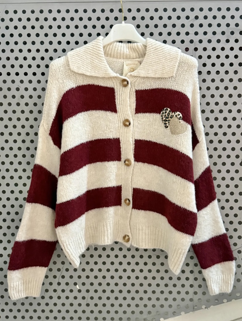 PULL GILET RAYE COEURS ECRU ET BORDEAUX APRIL VINTAGE