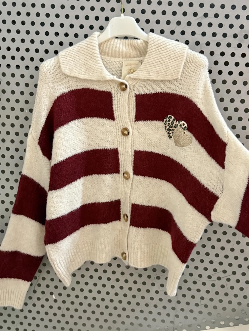 PULL GILET RAYE COEURS ECRU ET BORDEAUX APRIL VINTAGE 1