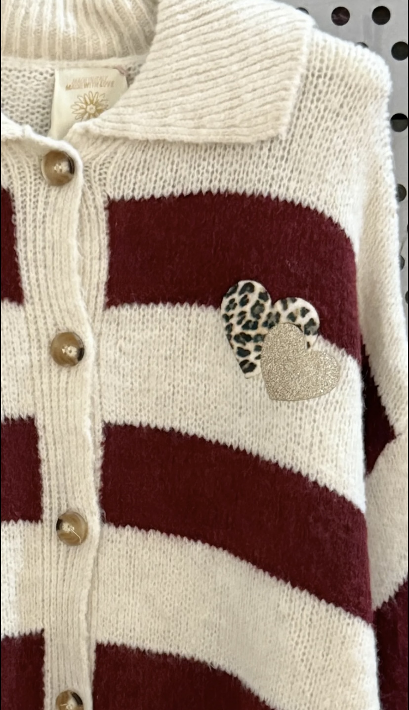 PULL GILET RAYE COEUR ECRU ET BORDEAUX APRIL VINTAGE 2