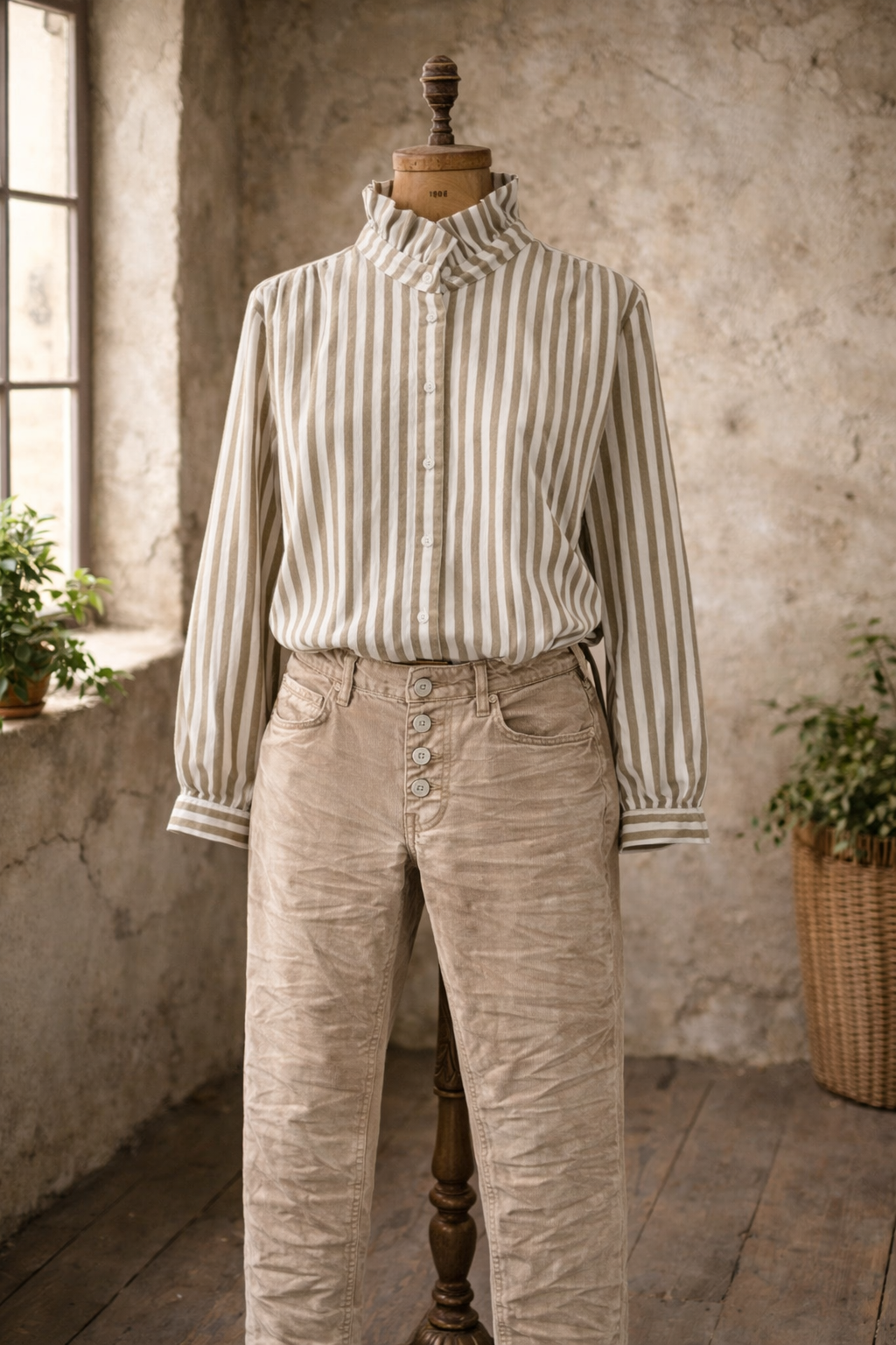Chemise rayé in april et pantalon karostar beige
