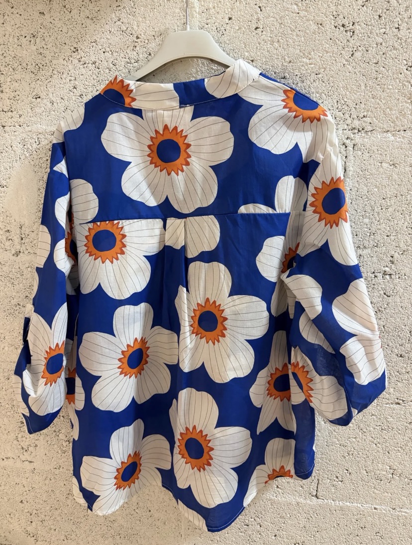 CHEMISE GROSSE FLEURS BLEU ROI 2