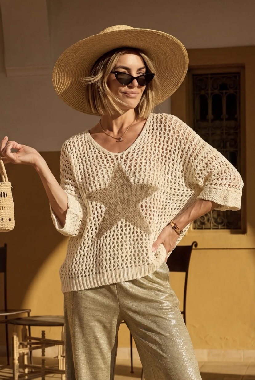 PULL CROCHET ETOILE DOREE LUREX APRIL VINTAGE
