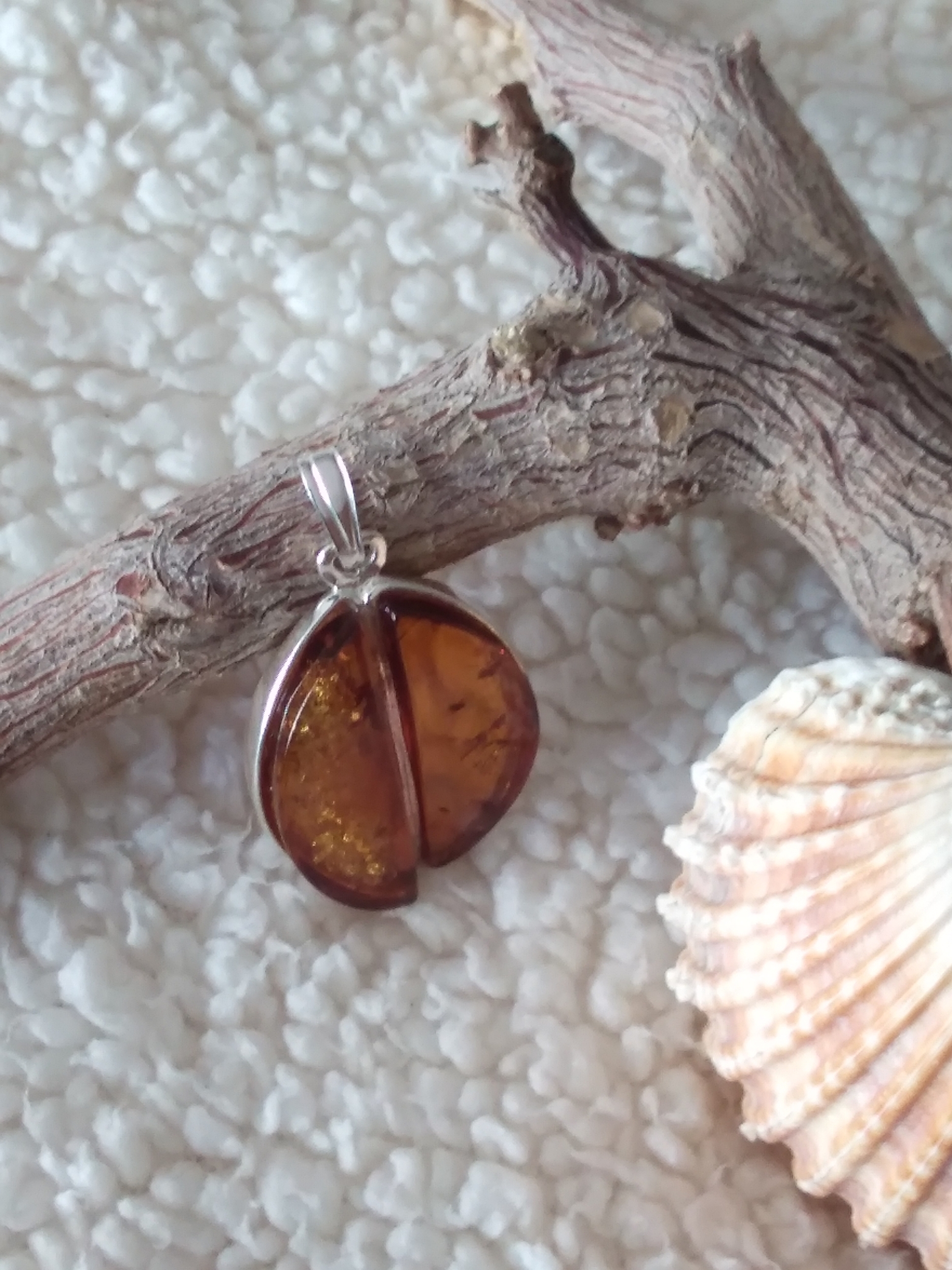 Pendentif ovale 2 demi-lunes en ambre cognac véritable et argent 925°/°°