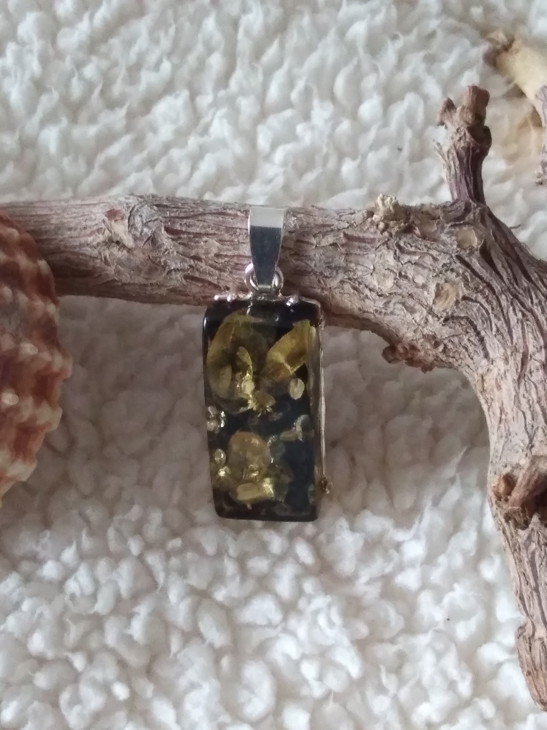 Pendentif rectangle en ambre vert véritable et argent 925°/°°