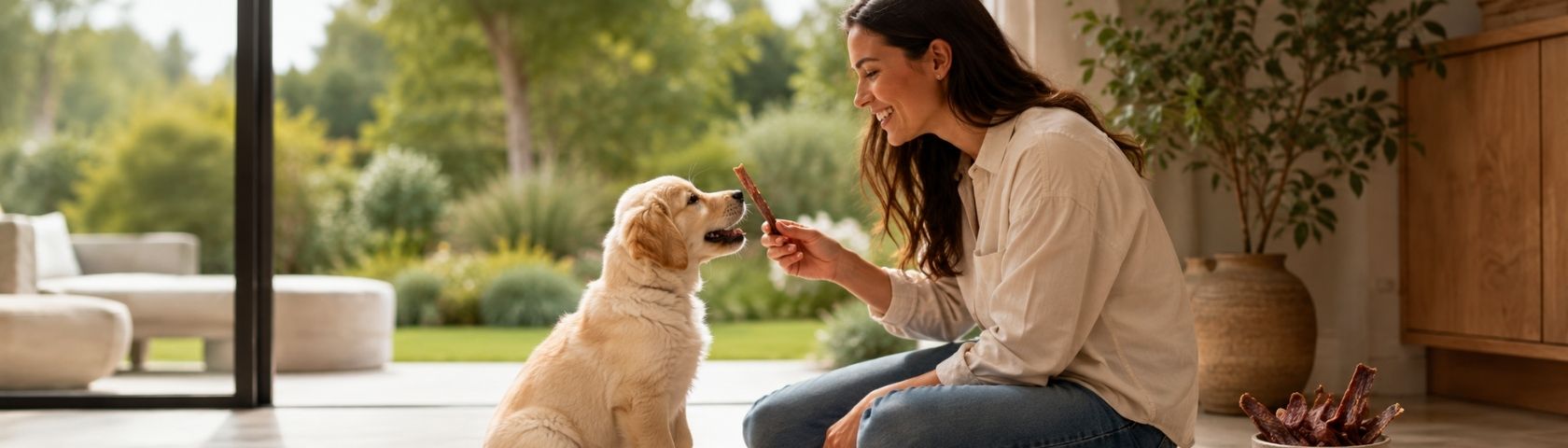 Propriétaire récompensant son chiot avec du canard séché pour chien