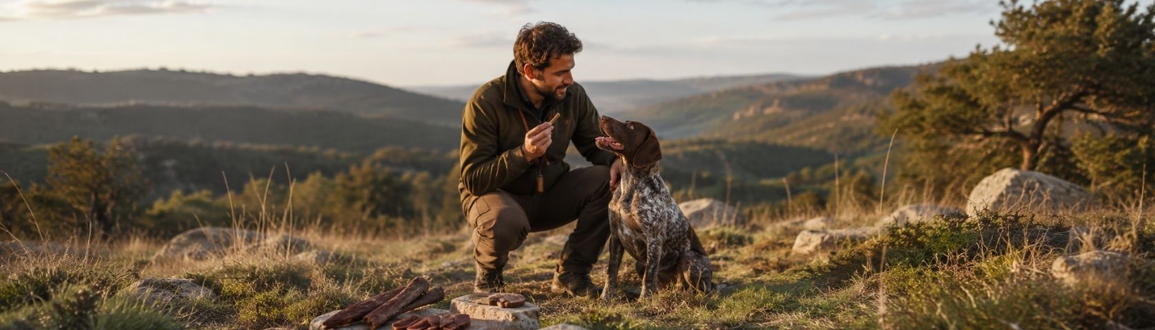 Chien recevant une viande séchée de gibier pour chien en pleine nature