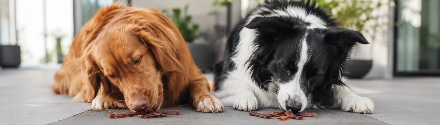 Deux chiens dégustant de la viande de porc séchée pour chien