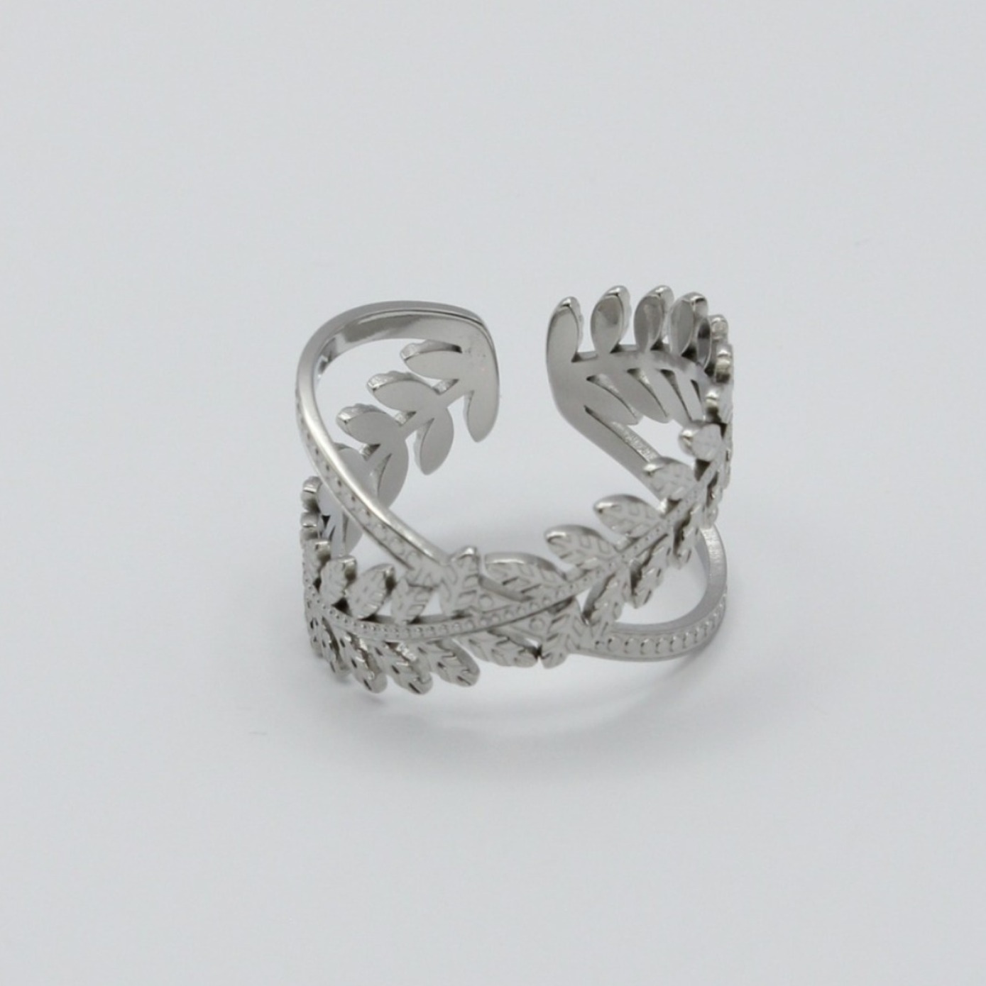 Bague en acier inoxydable argenté feuilles de laurier