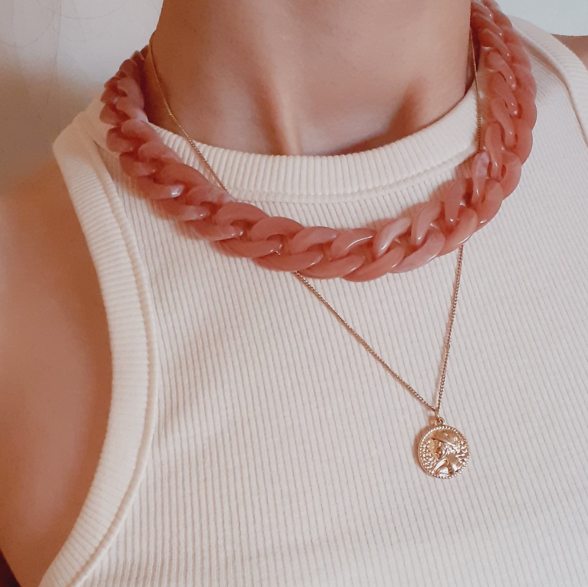 Collier maillons rose et acier inoxydable