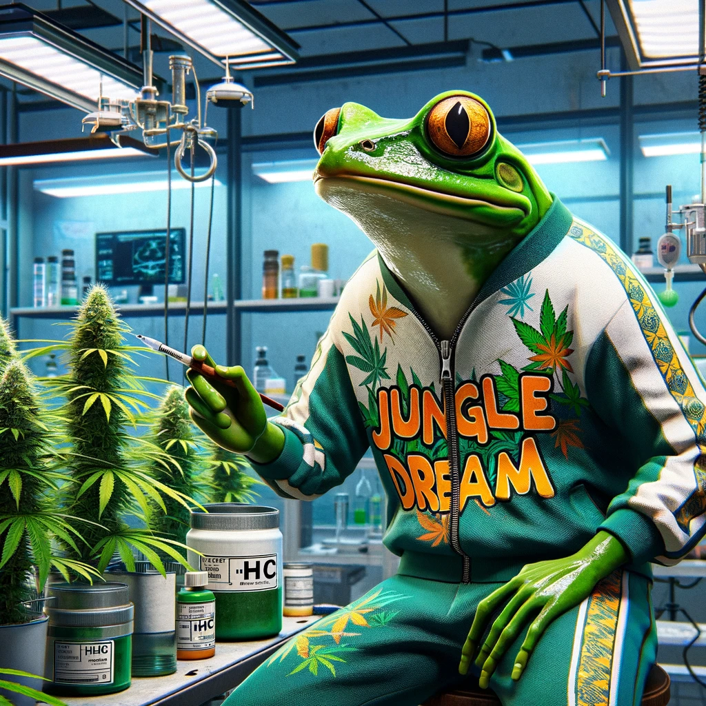 dall e 2024 01 21 07 17 12 a hip hop styled frog wearing a jungle dream brand tracksuit in a laboratory applying hhc to cannabis styled like gta the frog exuding a cool hi