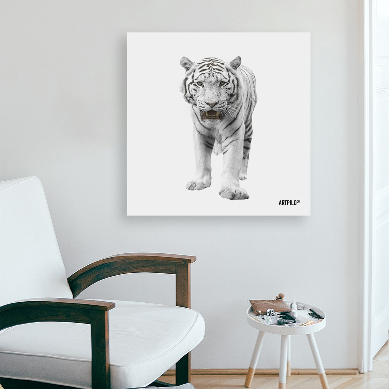 Tableau WHITE TIGER Blanc 60x60 cm - Collection Sauvage