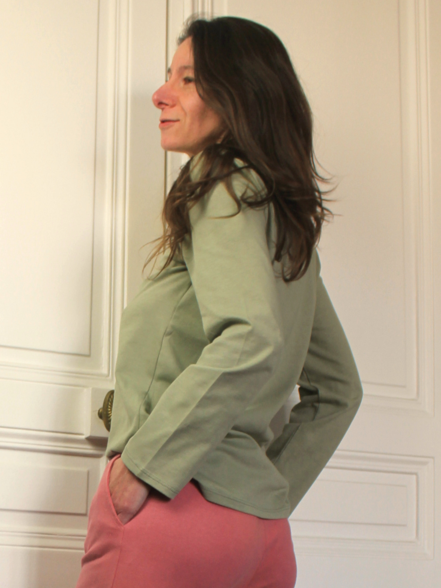 Tee shirt col v manche longue femme coton bio et teinture végétale Feuilles de sauge - Natura Feel