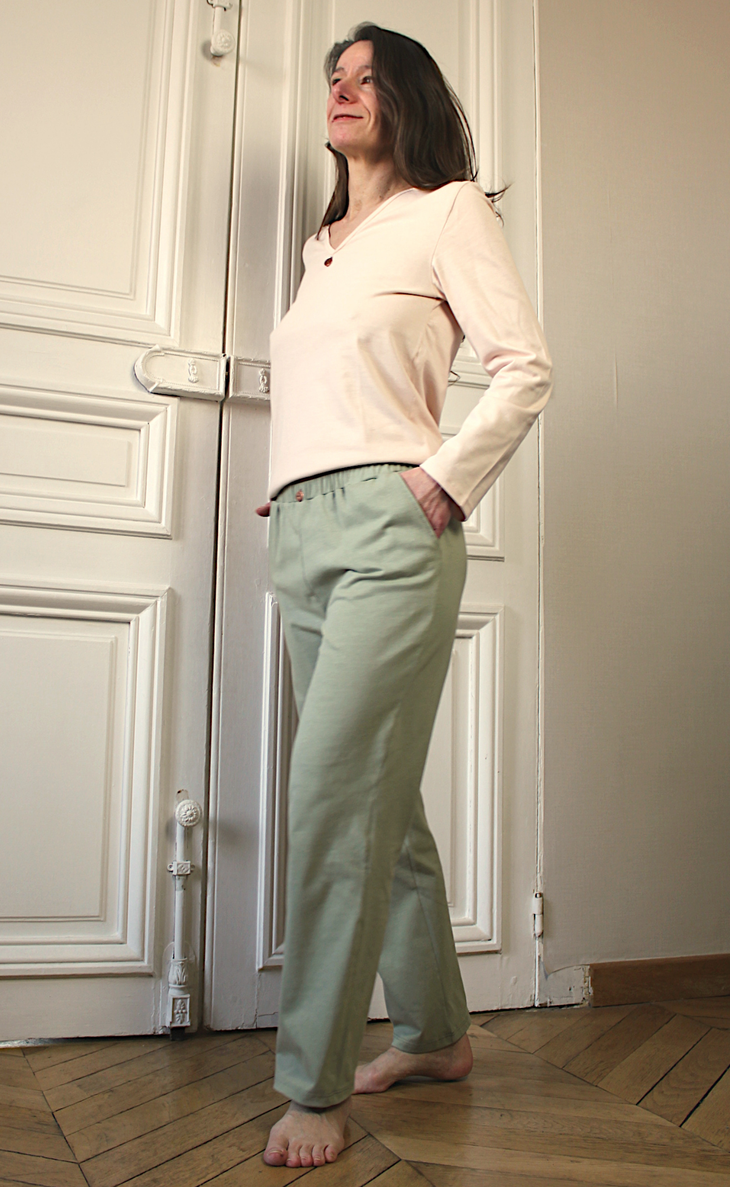 Pyjama femme rose sable et vert sauge pur coton bio et teinture végétale - Natura Feel