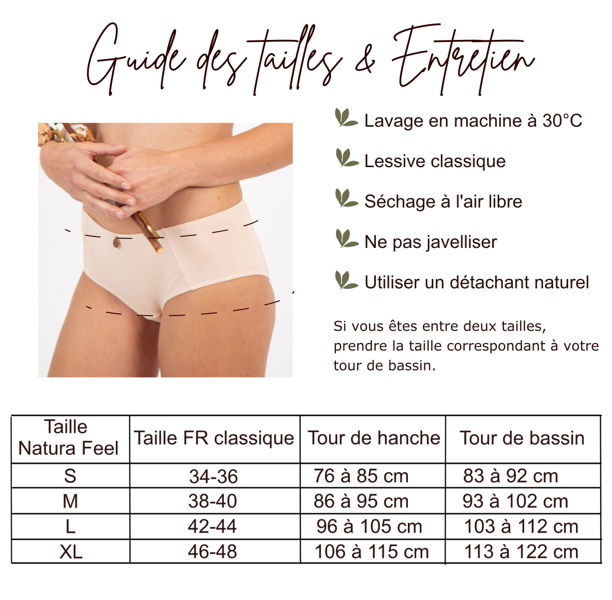 Shorty femme 100% coton Natura Feel - Guide des tailles