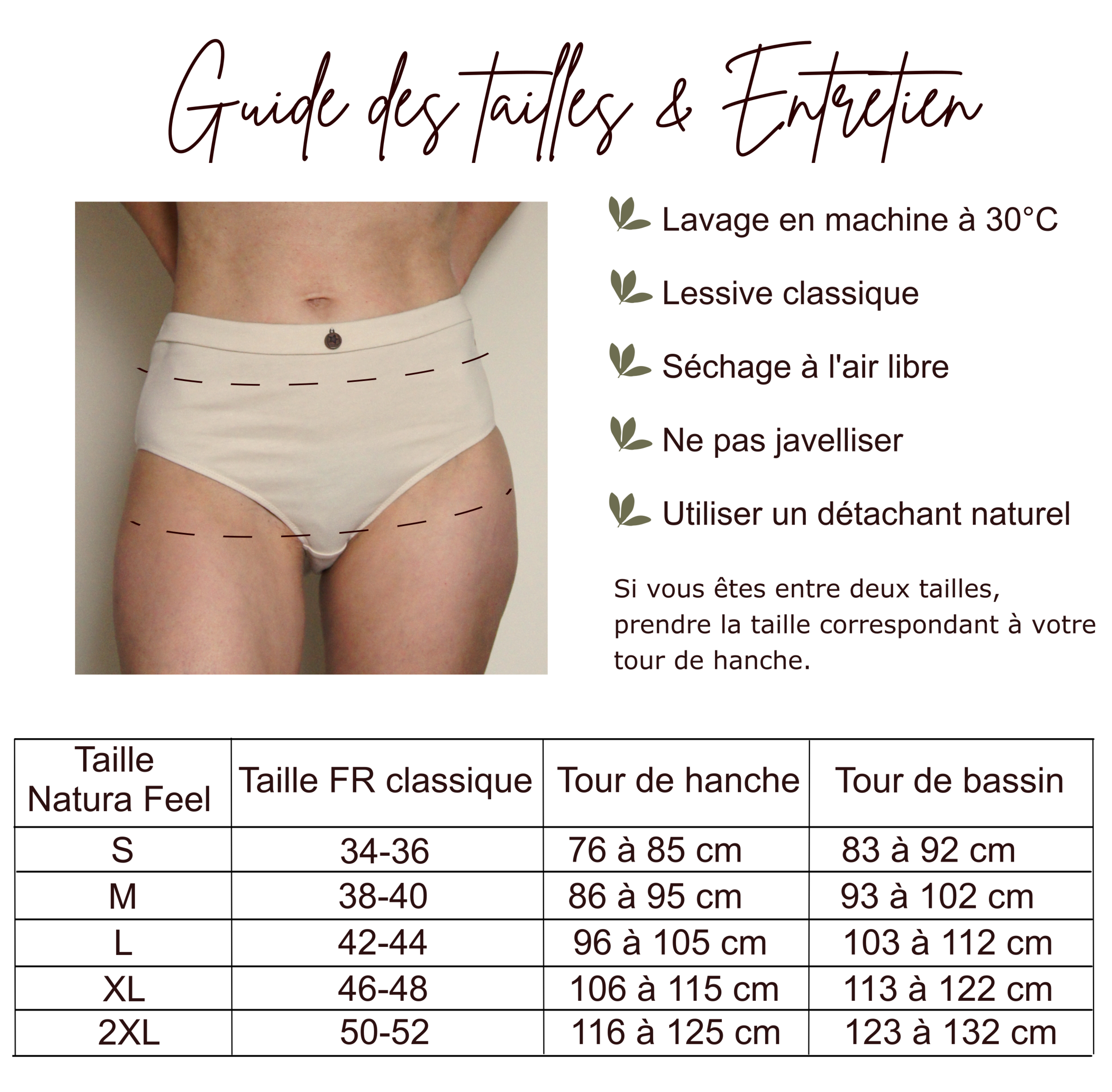 Culotte taille haute coton bio - Guide des tailles et entretien - Natura Feel