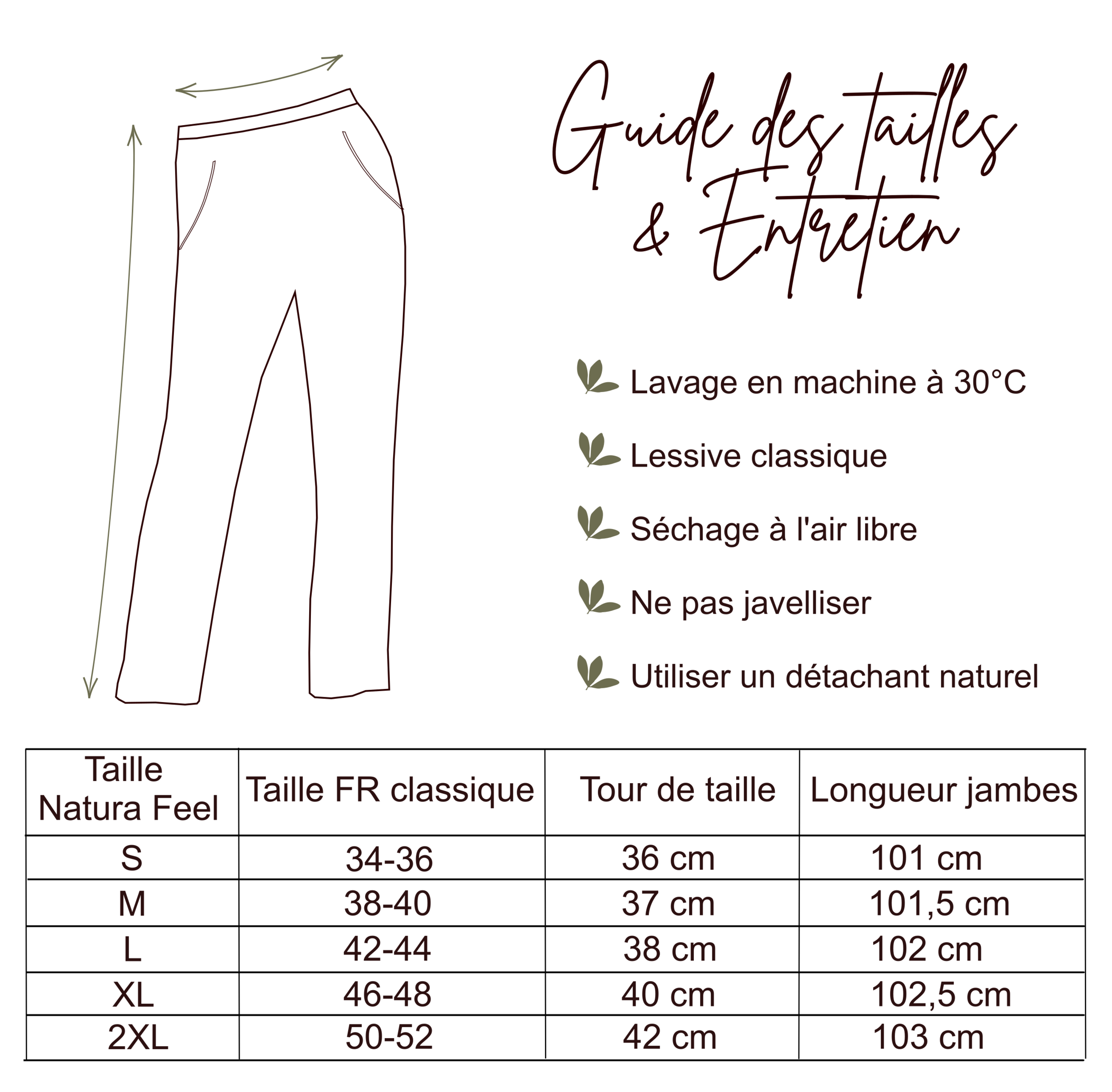 Pantalon pyjama coton - Guide des tailles - Natura Feel