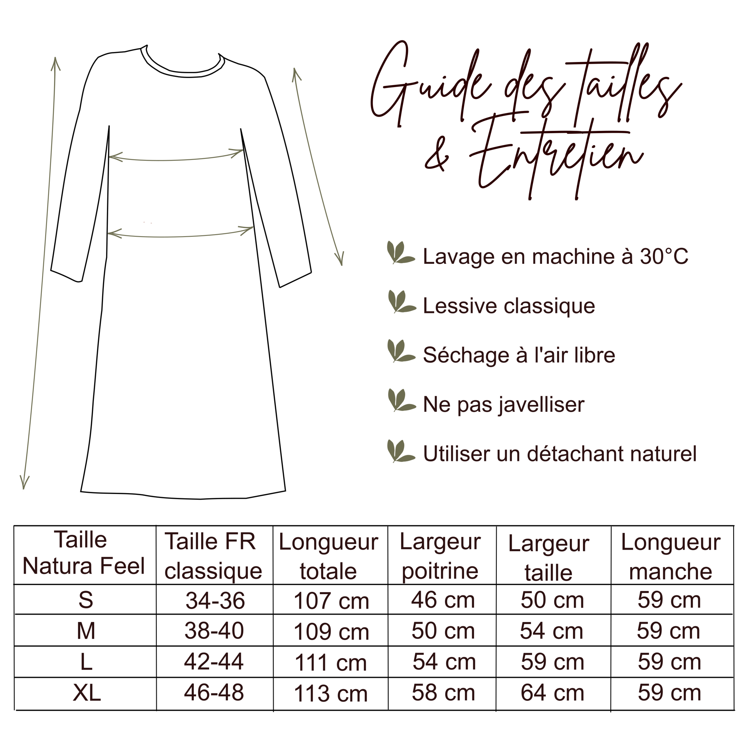Chemise de nuit femme coton manches longues - Guide des tailles - Natura Feel