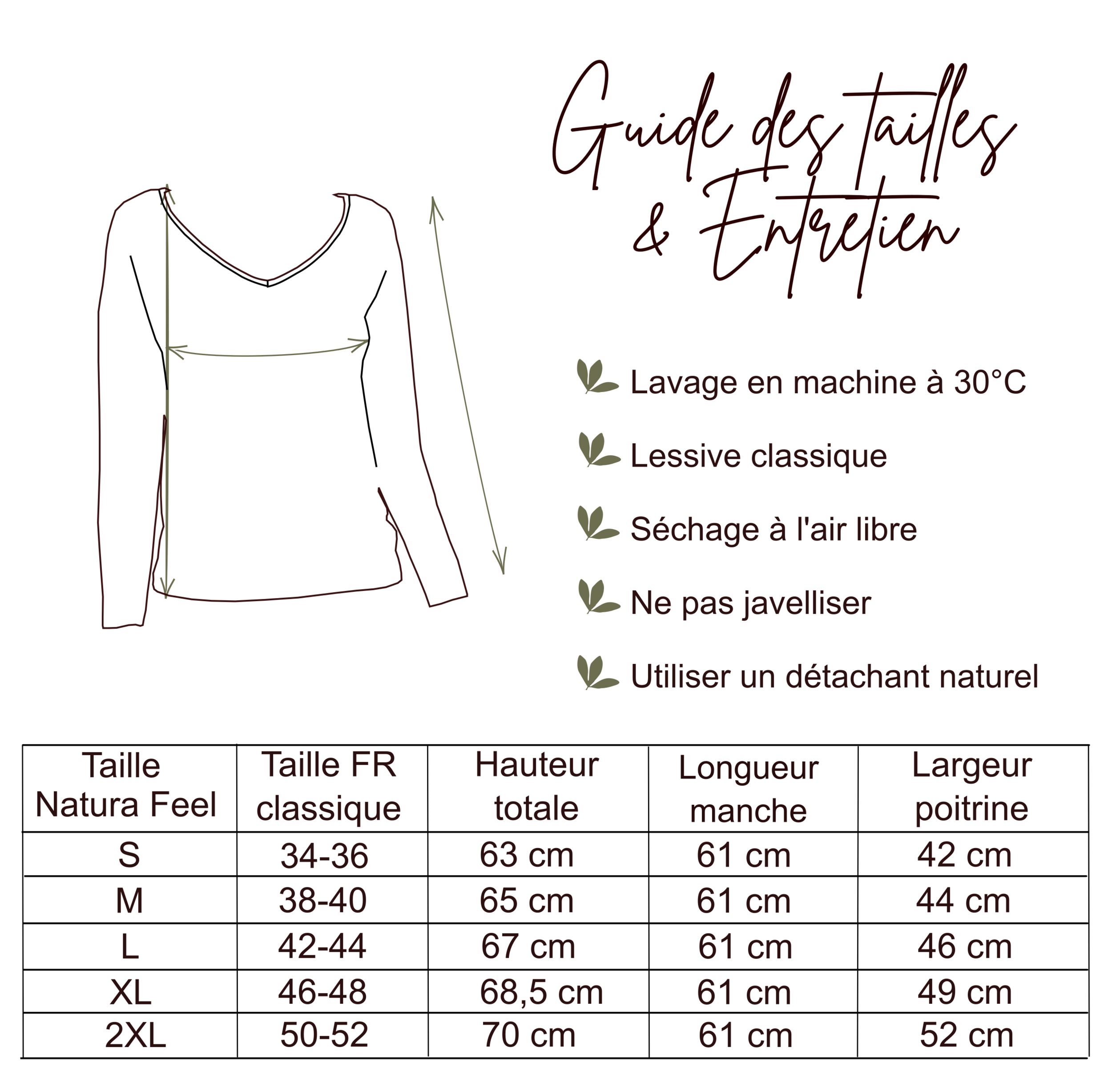 Haut de pyjama femme coton manches longues - Guide des tailles - 191225