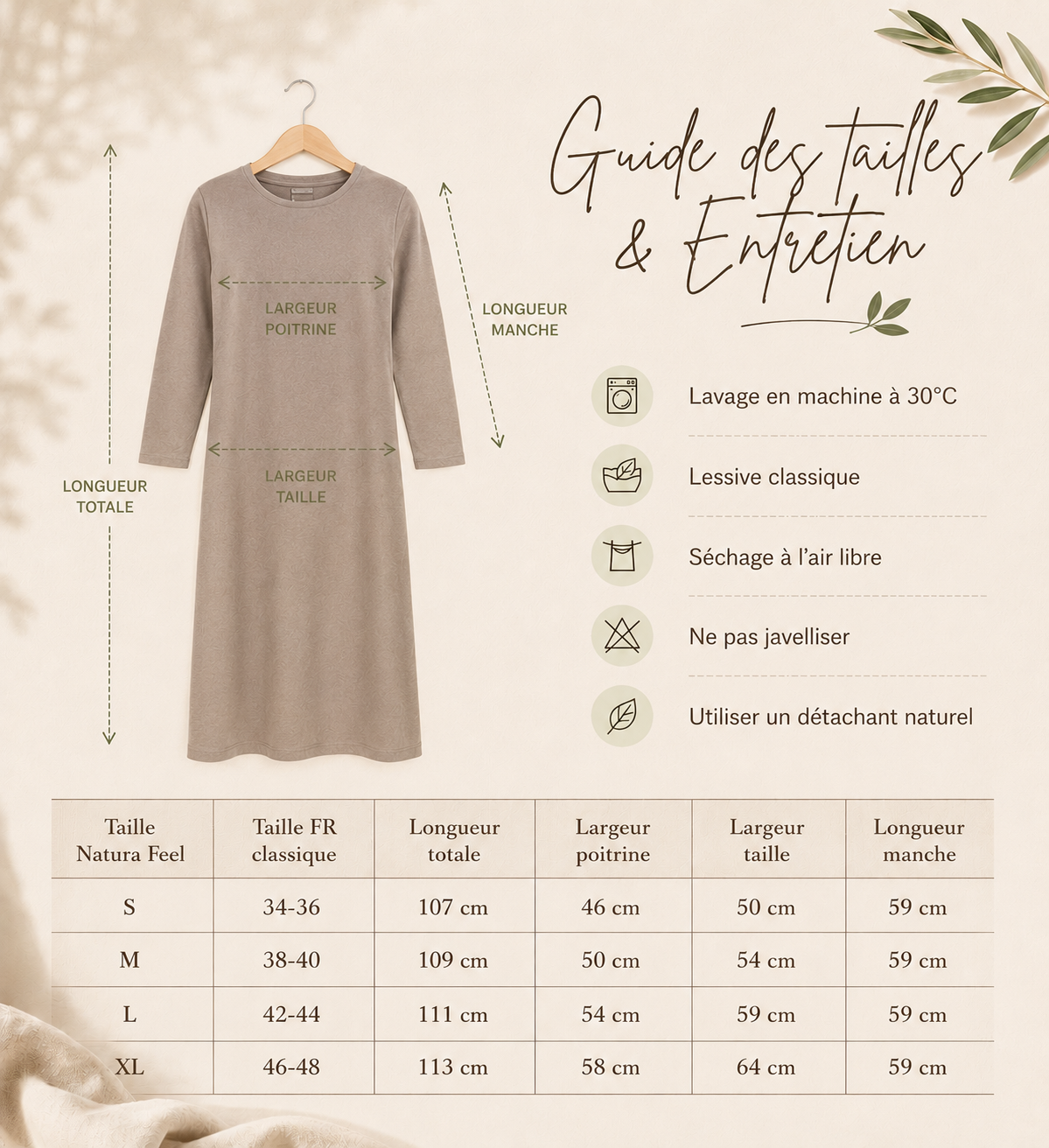 Guide des tailles et entretien - Chemise de nuit longue manches longues