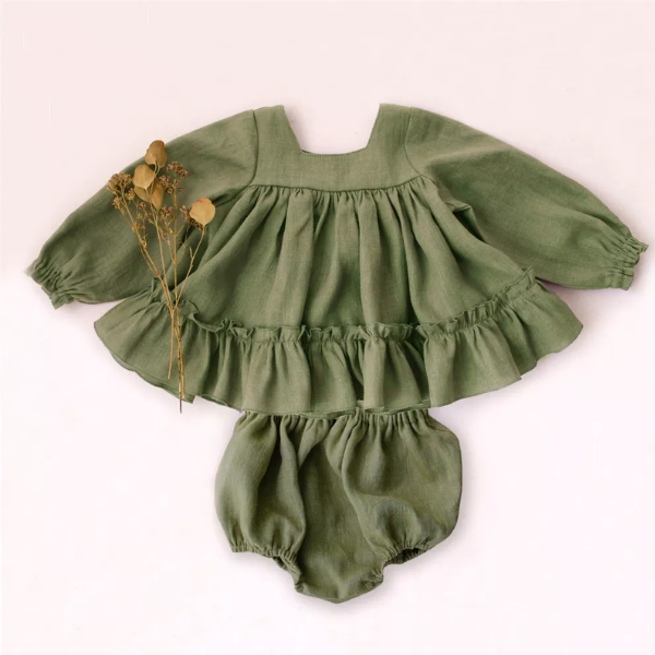 joli ensemble blouse short lin vert kaki bébé