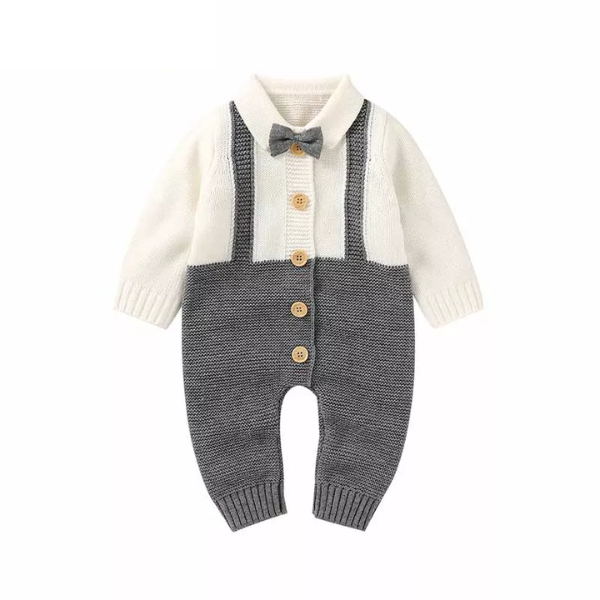 combinaison tricotée en laine bébé garçon avec noeud papillon blanc gris