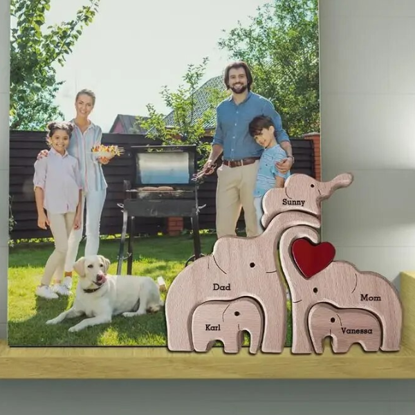 Puzzle familial d’éléphants en bois personnalisé