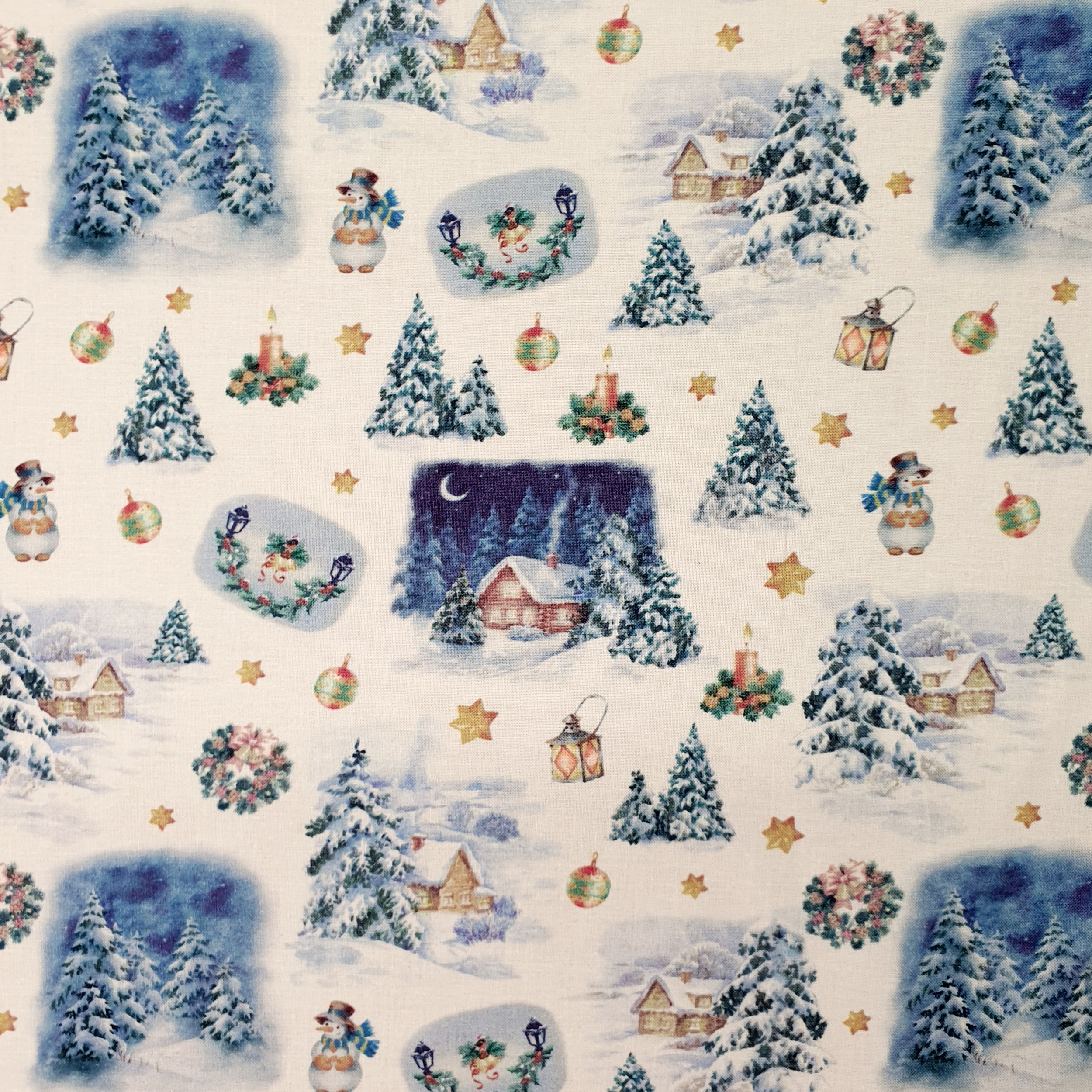tissu percale coton de noël BIO chalet forêt bleu blanc