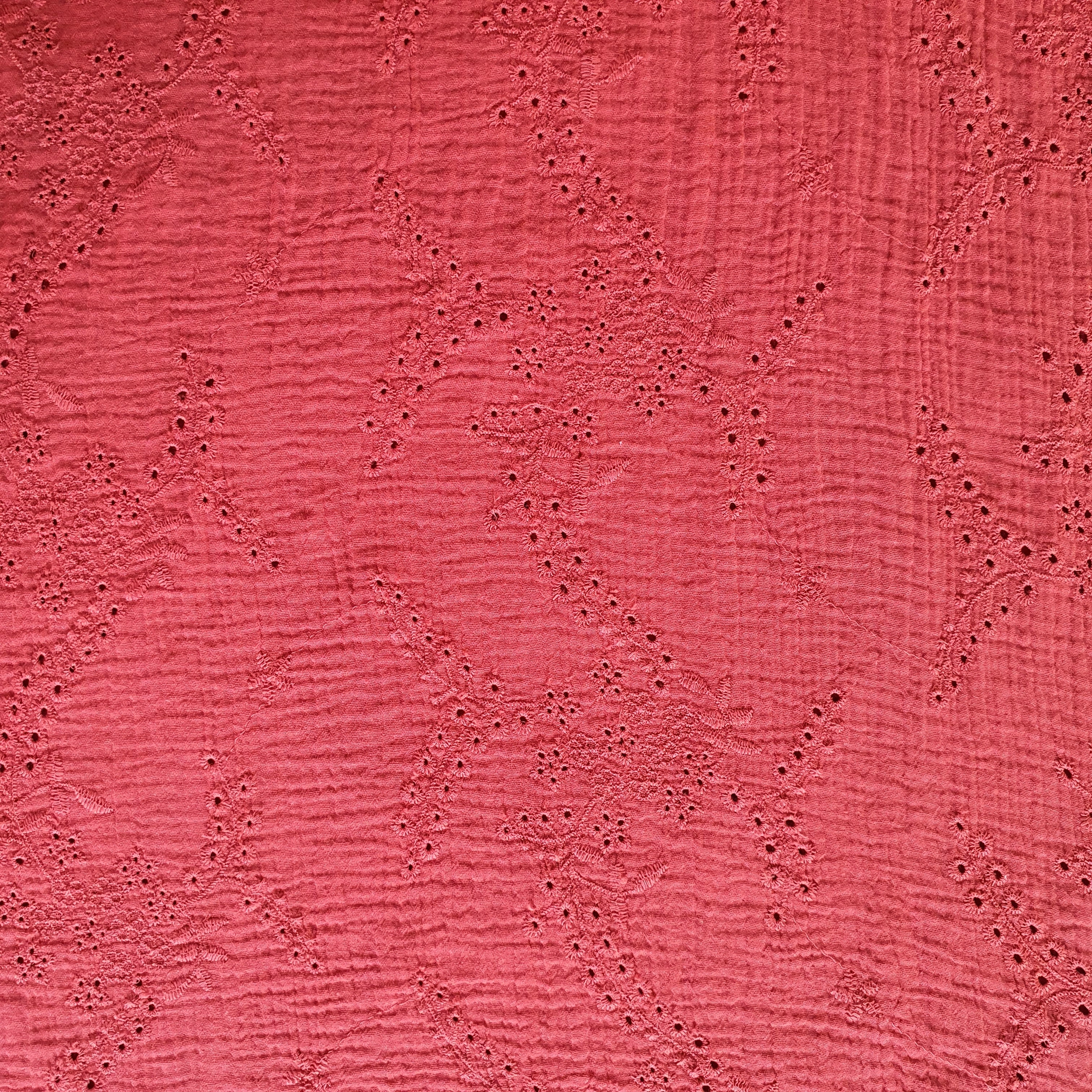 Tissu double gaze brodée orange brique