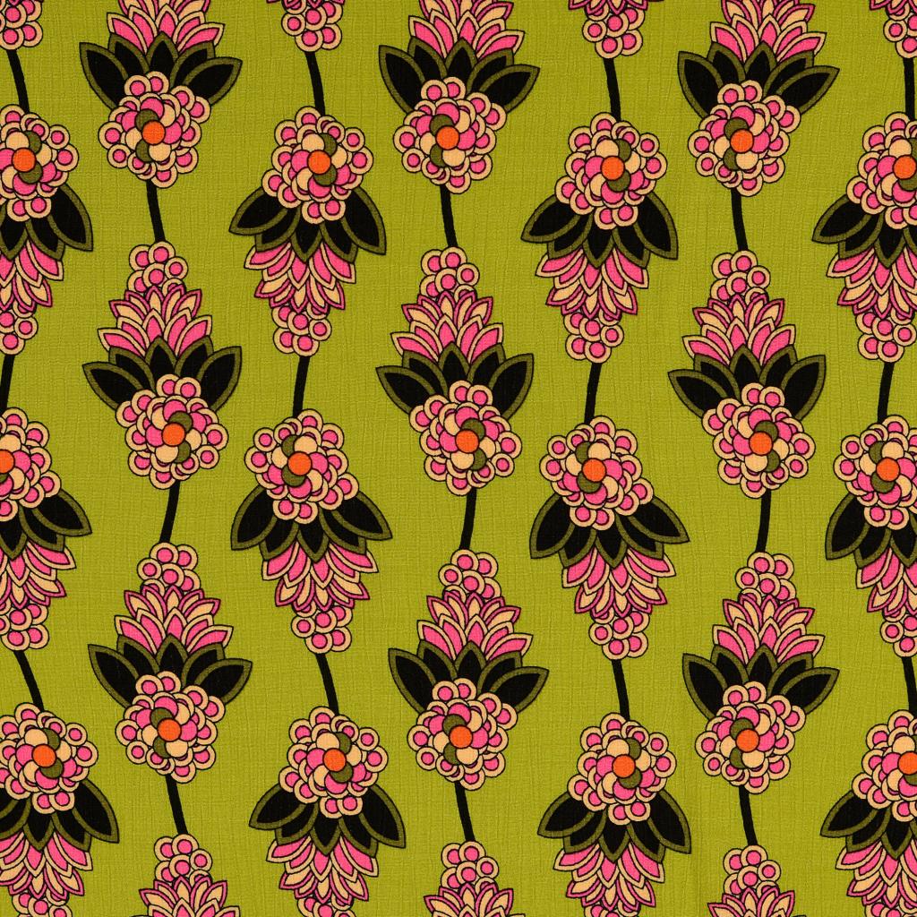 Tissu crêpe viscose fleuri vert olive