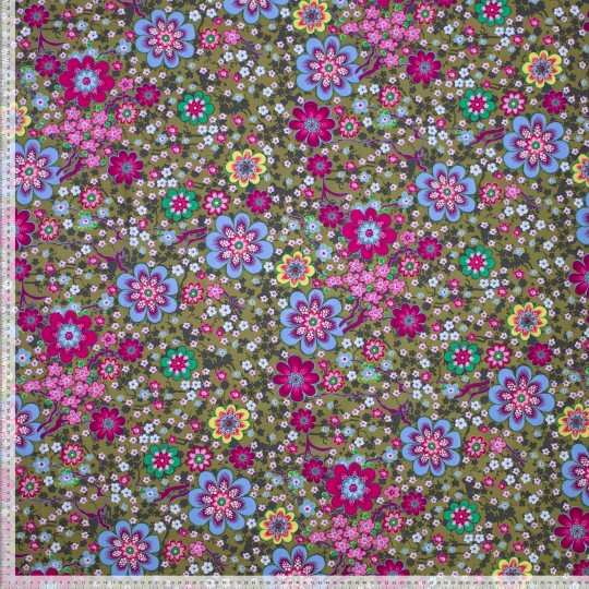 Tissu coton fleuri seventy WOODY vert