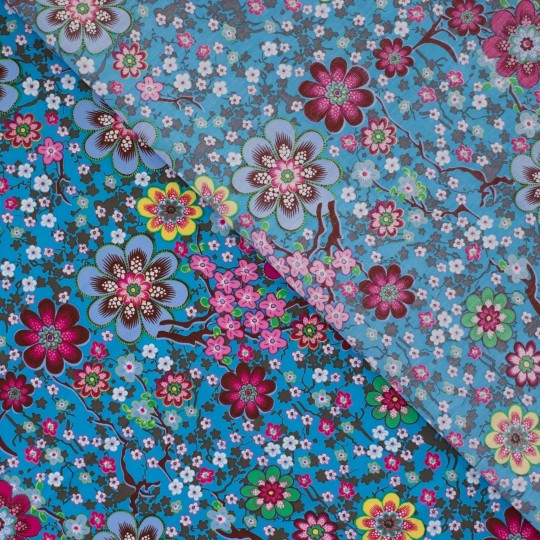 Tissu coton fleuri seventy WOODY bleu turquoise (2)