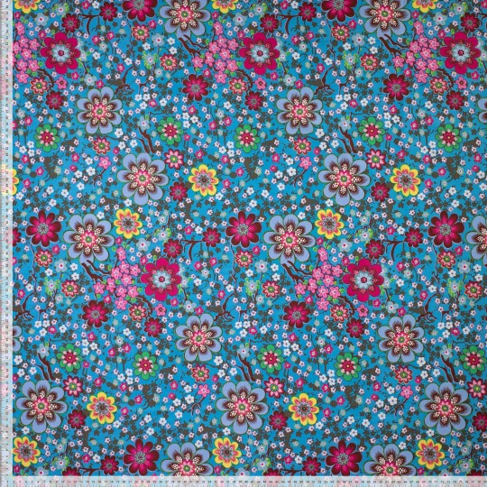 Tissu coton fleuri seventy WOODY bleu turquoise (1)