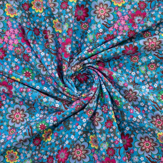 Tissu coton fleuri seventy WOODY bleu turquoise