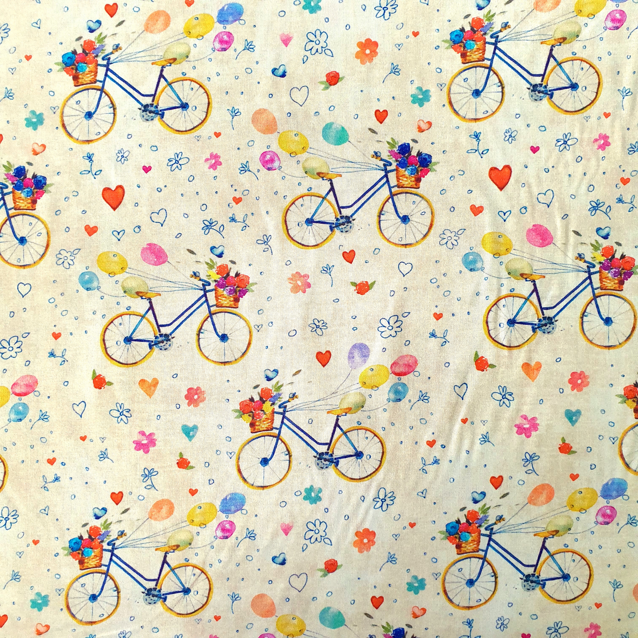 Coton percale beige vélo fleur ballon cœur byciclette