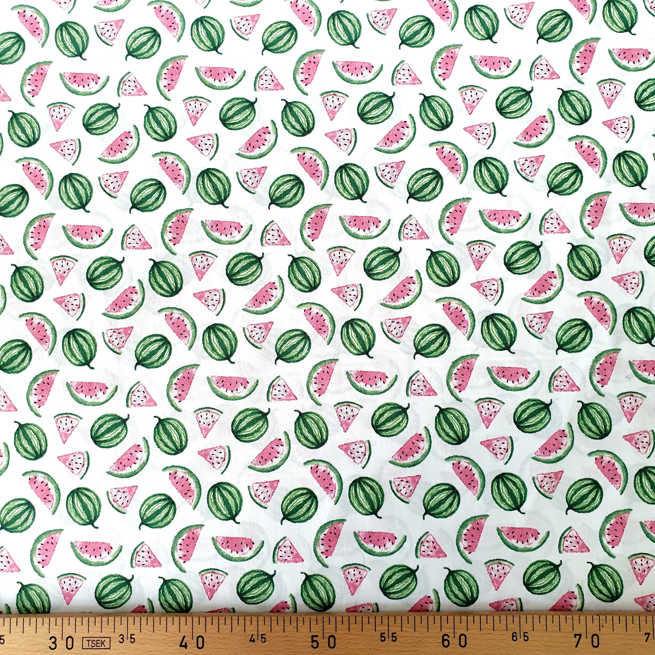 Tissu popeline coton pastèque rose vert fond blanc.j