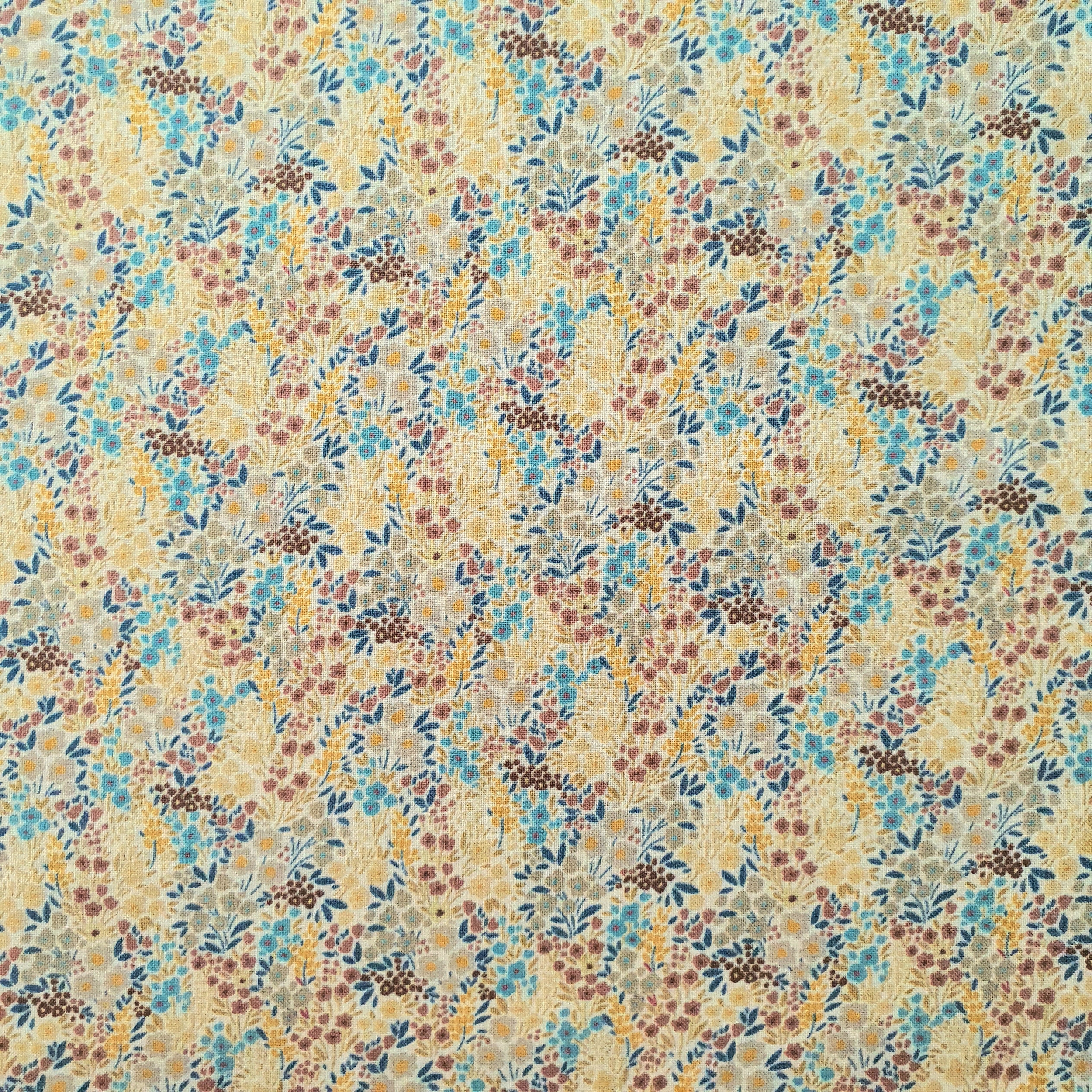Tissu coton percale petits fleurs fond bleu, beige, marron, jaune (1)