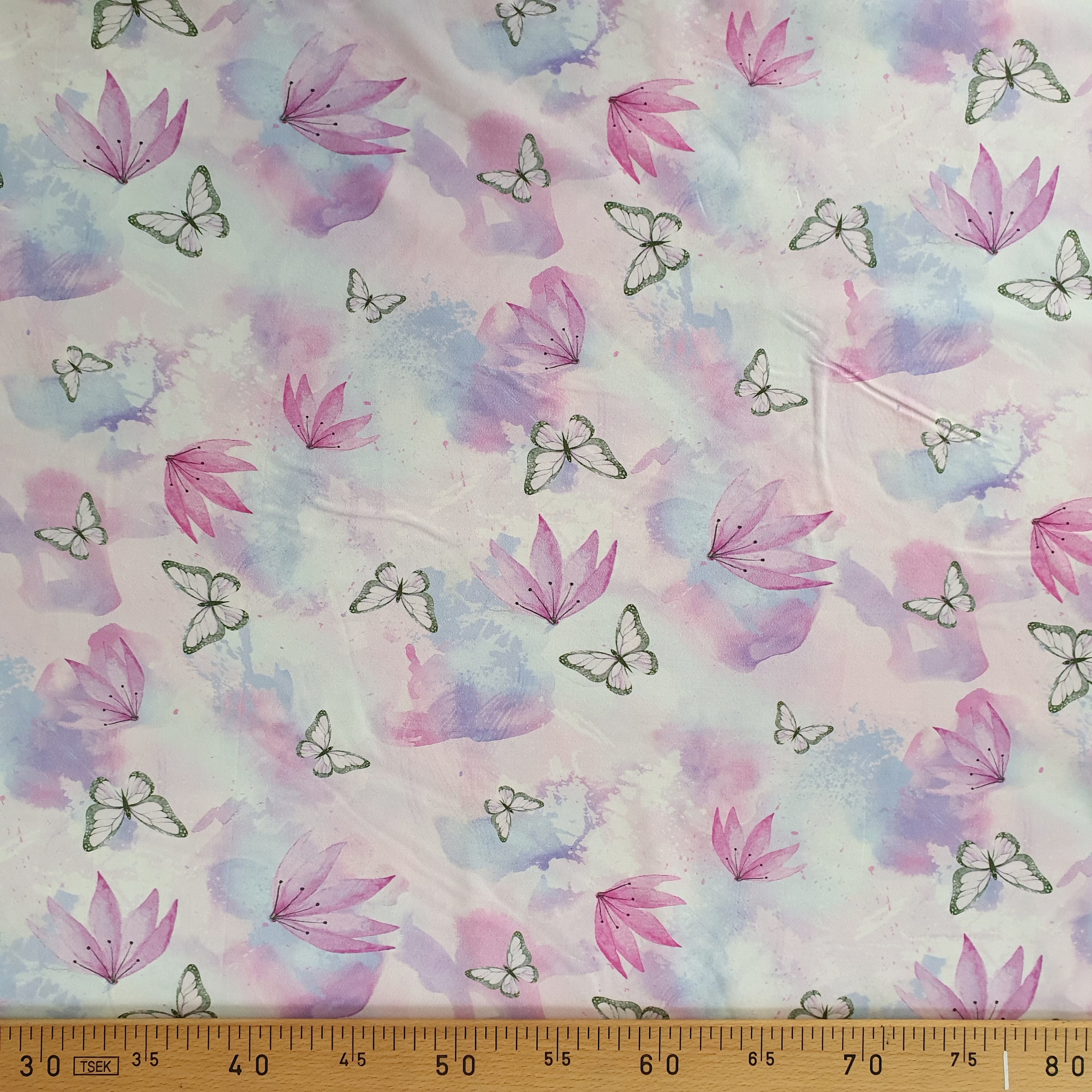 Tissu coton voile papillon et fleur rose et mauve.j (1)