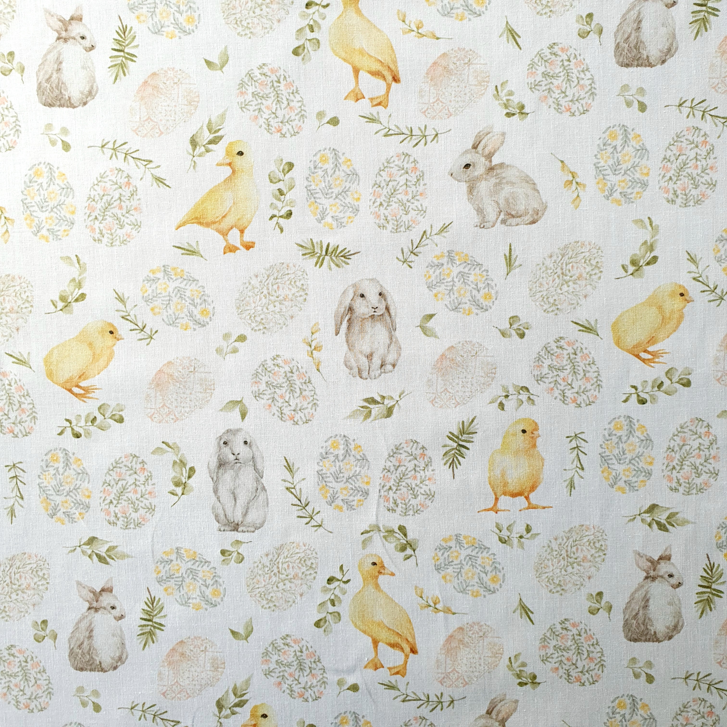 Tissu coton blanc avec canard lapin œufs pâques JPG