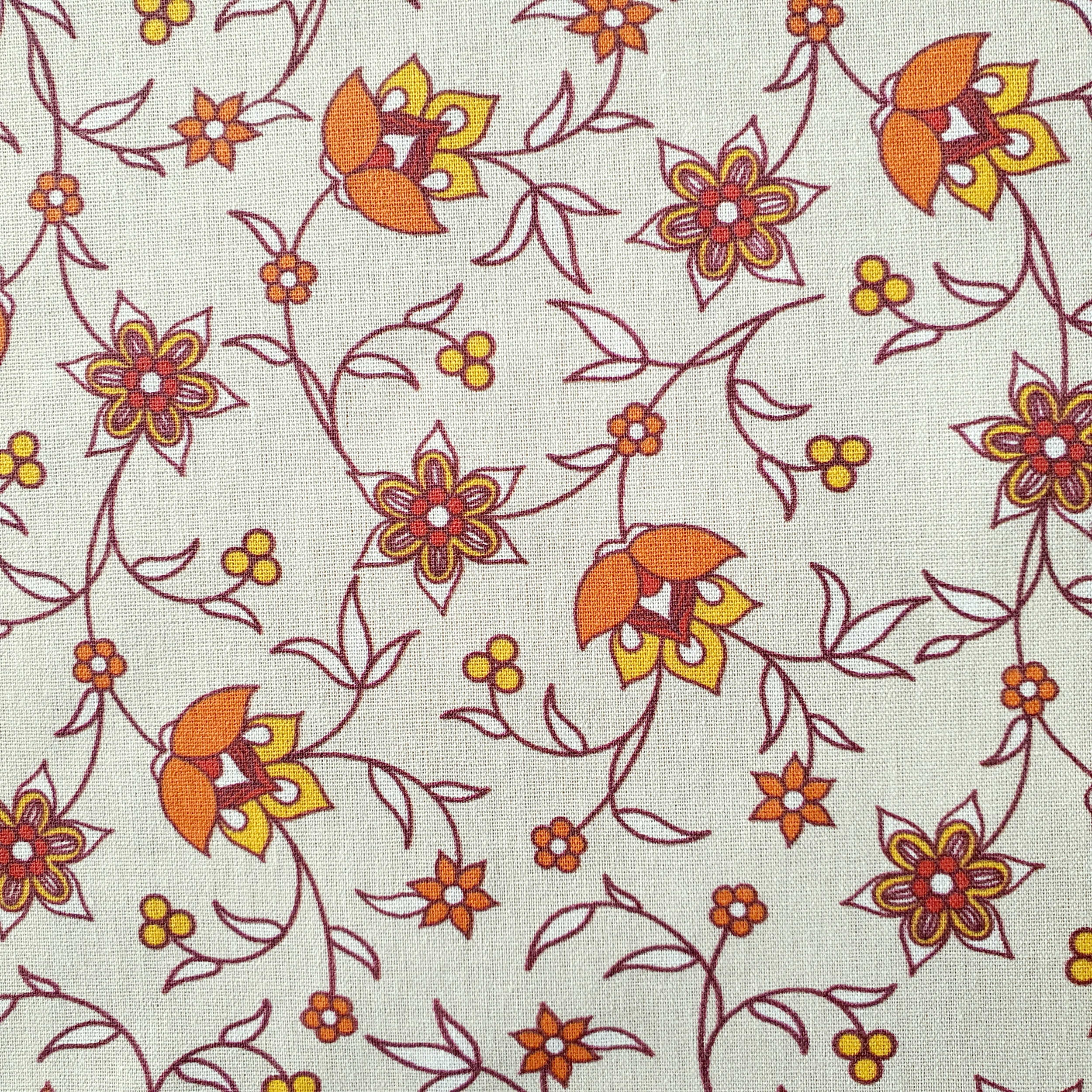 Tissu coton beige fleur orange rétro (1)