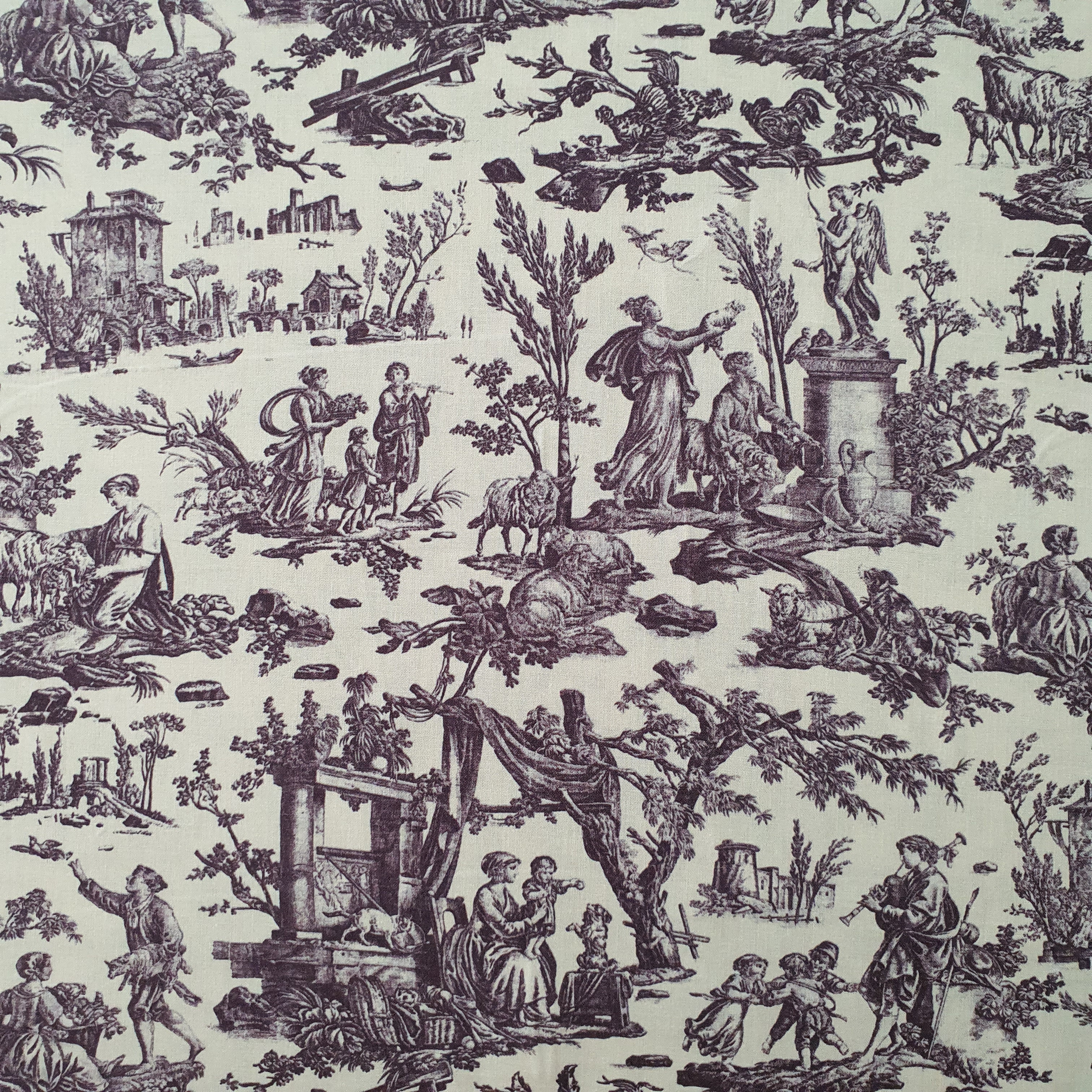 Tissu coton percale esprit toile de jouy beige et gris