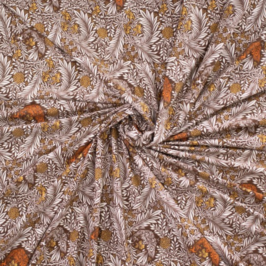 Tissu jersey coton automne feuillage paon orange marron moutarde  (2)