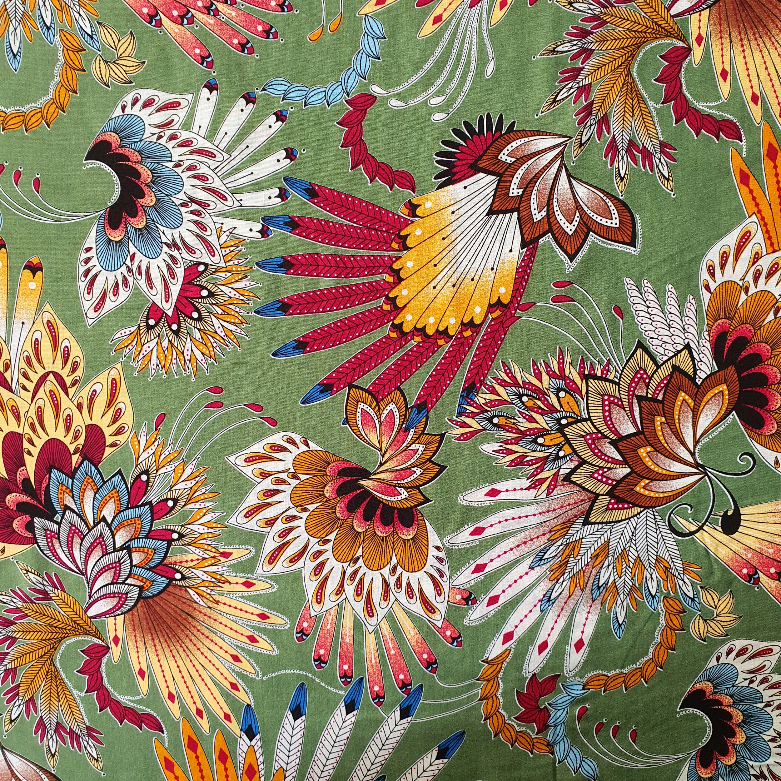 Tissu viscose coiffe indienne plume et fleur beige (5)