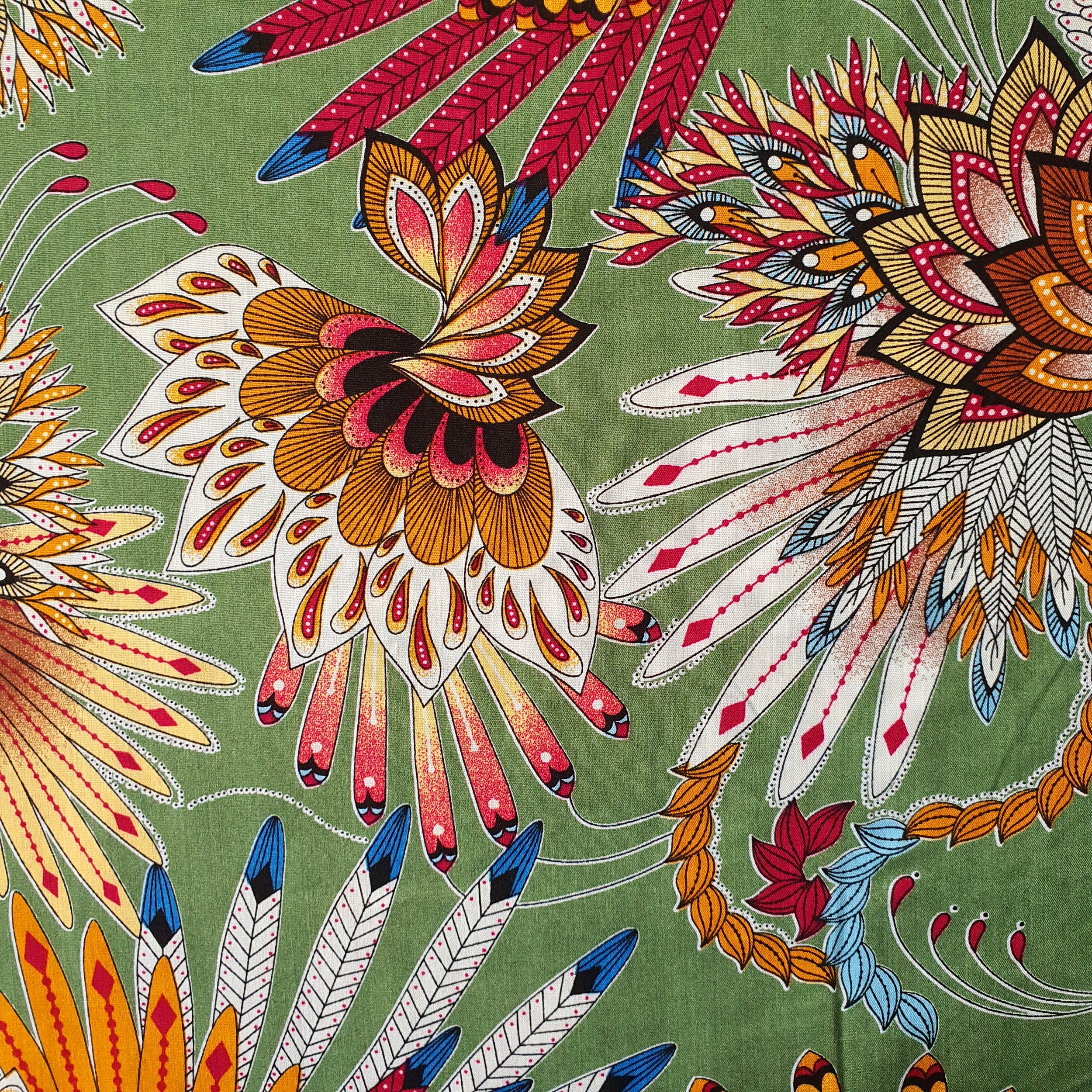 Tissu viscose coiffe indienne plume et fleur beige (3)