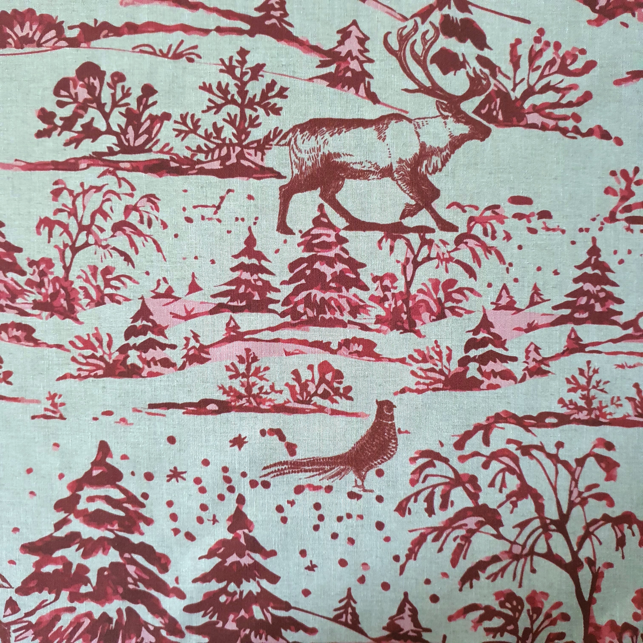 Tissu coton bio dessin de forêt encre rouge