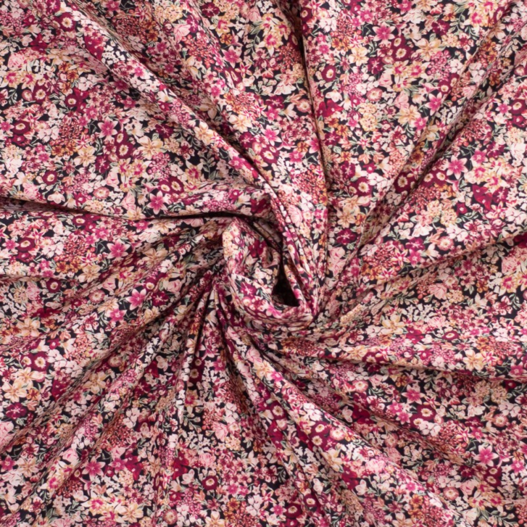 Tissu coton élasthanne esprit Liberty petites fleurs rose