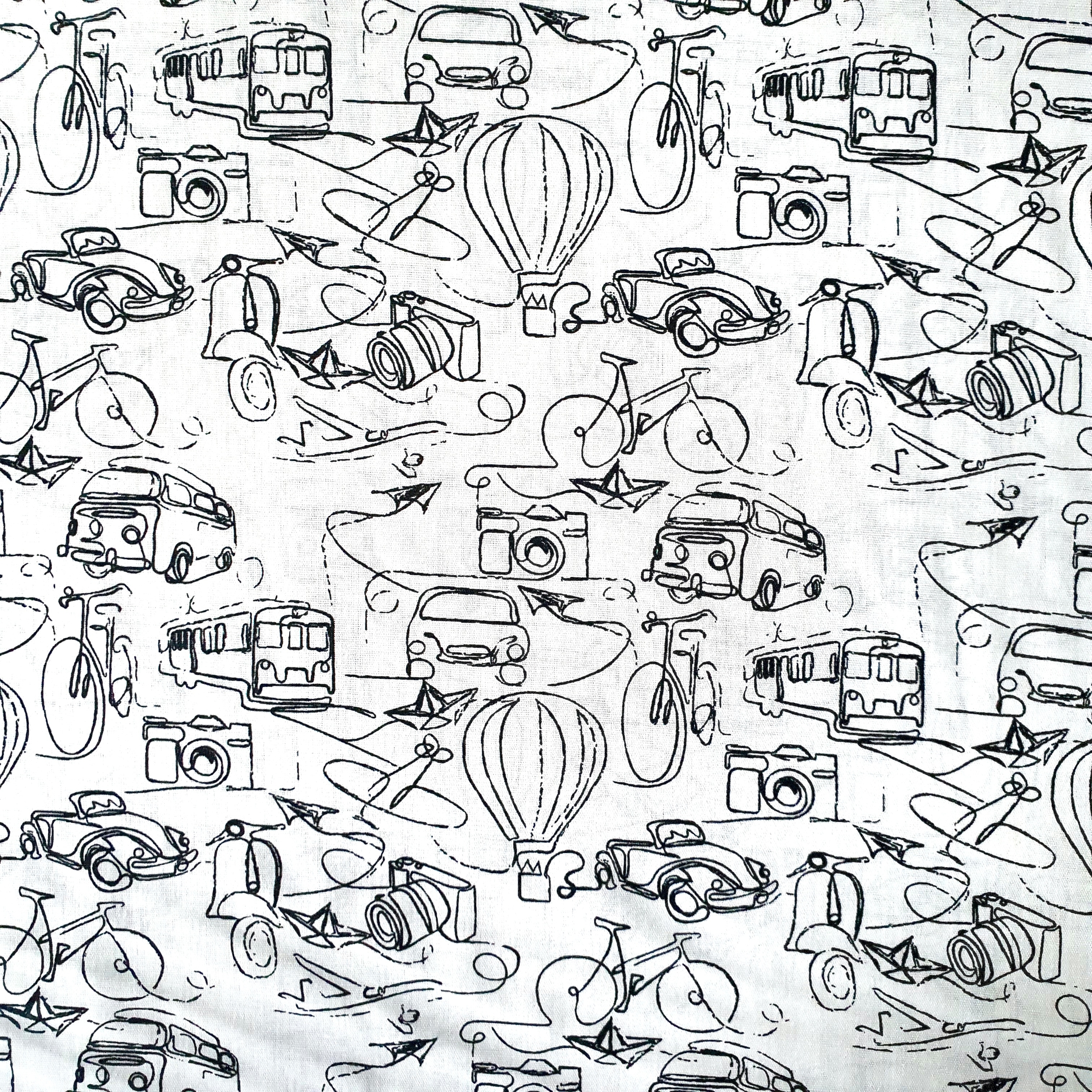 Tissu coton coloriage vélo voiture avion scooter montgolfière noir et blanc