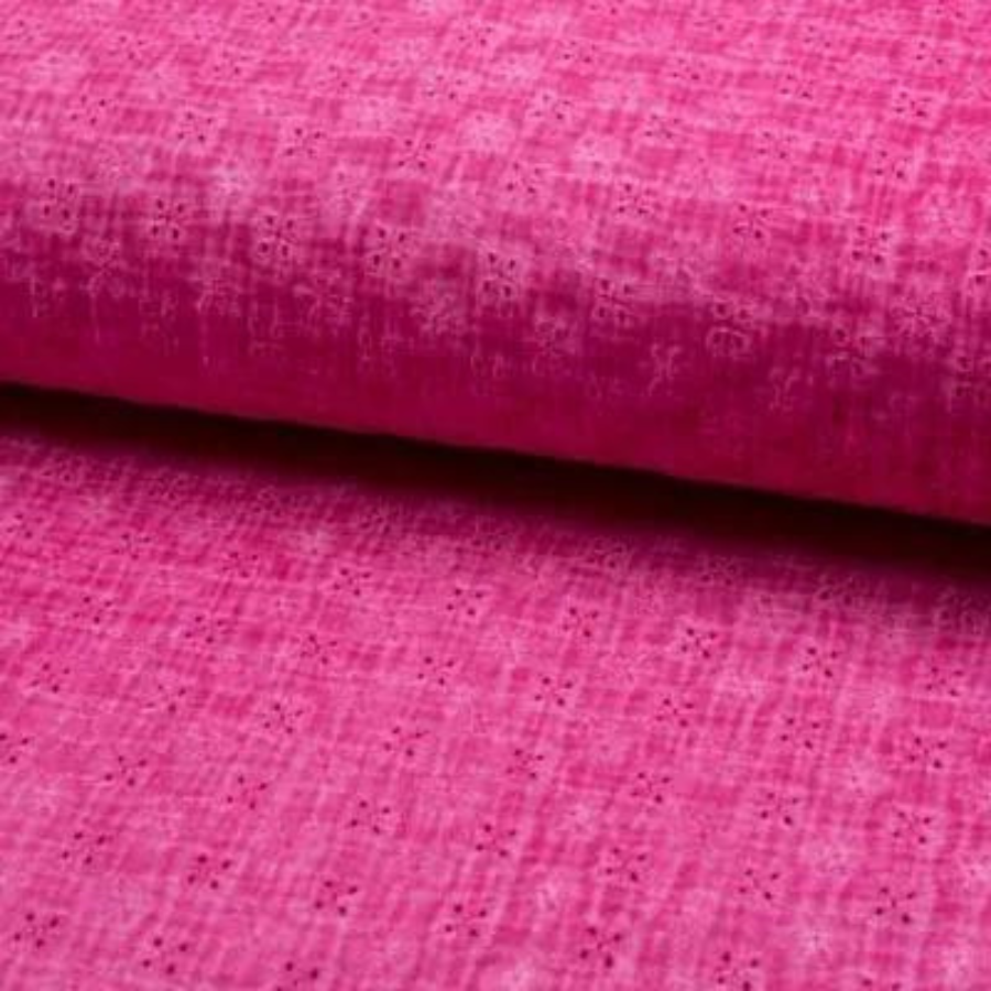 Tissu double gaze tie and dye broderie anglaise rose fuchsia