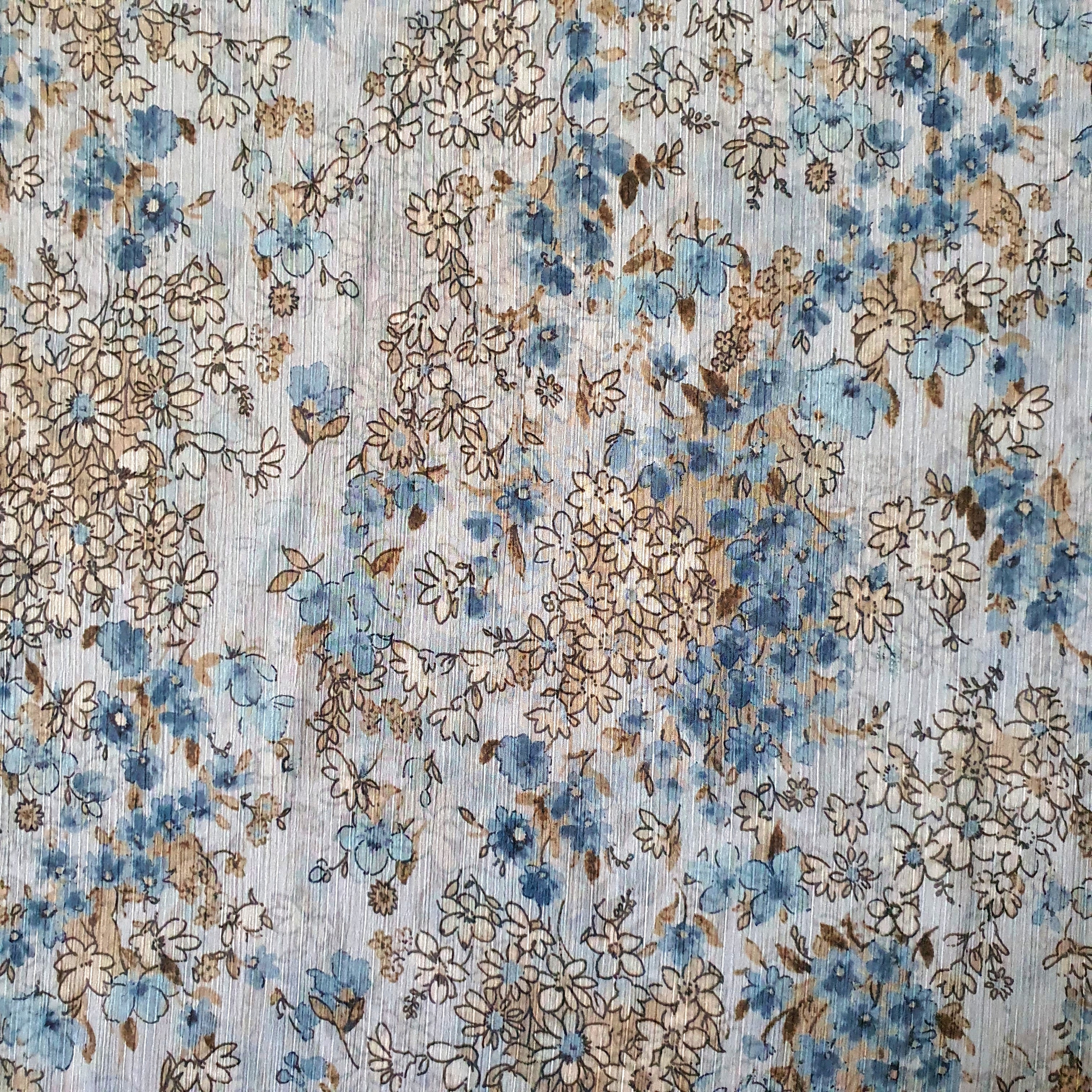 Tissu mousseline polyester imprimé petites fleurs bleu et beige
