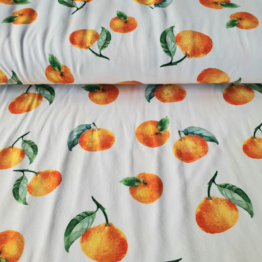 Tissu jersey coton avec fruit orange sur fond blanc (1)