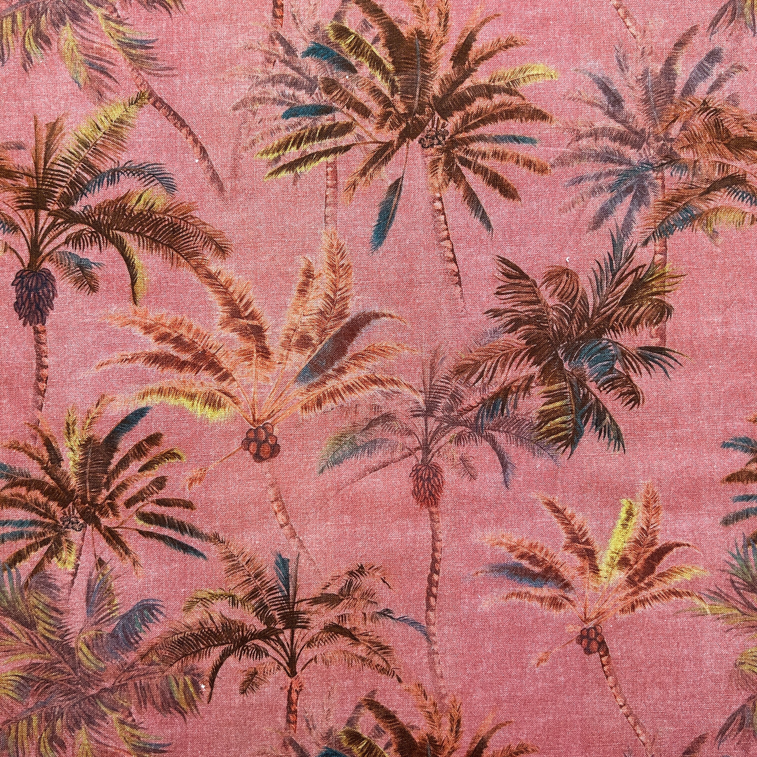 Tissu lin coton palmier fond rougeâtre, saumon